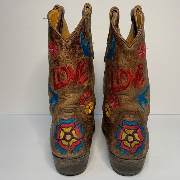 Old Gringo Brown Floral LOVE Embroidered Checruda Leather Cowboy Boots Size 8.5 - Picture 4 of 12